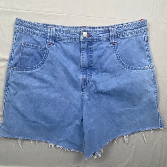A-Lab Pants - A-Lab Womens Y2K Denim Shorts Size 38 Blue Raw Hem Rave Skater Graphic Patch